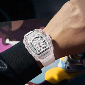 Personalized Dynamic Sport Leisure Wine Barrel Luminous Quartz Watch Fashion Transparent for Men Water Resistant