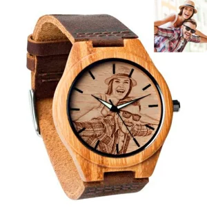 Personalized Wooden Photo Watch with Custom Engraved Case Back for Anniversary Birthday Gift