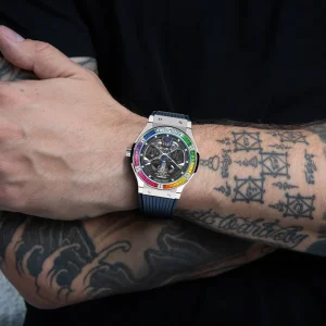 Pindu 6552 Men’s Skeleton Design Rainbow Bezel Diver Mechanical Automatic Watch with Rubber Strap