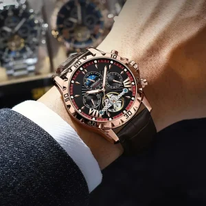 Poedagar 1410 Men Mechanical Watch Automatic Premium Leather Band Waterproof Luminous Fashion Business Tourbillon Wristwatch