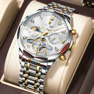 Poedagar 1422 Men’s Skeleton Mechanical Watch Two Tone Stainless Steel Moon Phase Calendar Factory