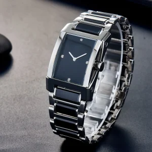 Popular Design Elegant Ceramic Quartz Fashion Couple Unisex Stainless Steel Ronda Movement Waterproof Rectangular Watch