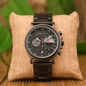 Popular Luxury Quartz Sports Watch for Men OEM ODM Black Glass Waterproof Ebony Wood Wrist Strap Antique Business Style