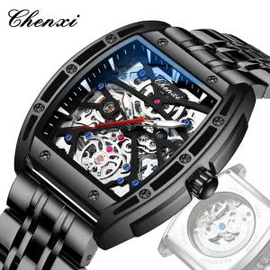 Popular Trending Best Selling Men Mechanical Watch Barrel Shaped Openwork Design Fully Automatic Water Resistant Luminous Watch