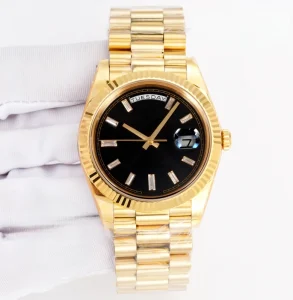 Premium Gold Men Mechanical Watch Classic Black Dial Day Date Diamond Markers Waterproof Sapphire for Business