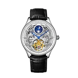 Premium Stainless Steel Men’s Fashion Watch 42mm Large Skeleton Dial Day Night Display Luminous Waterproof 20mm Mechanical Auto