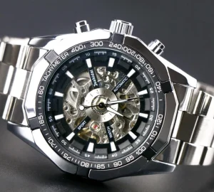 Promotional Luxury Business Stainless Steel Skeleton Automatic Men’s Mechanical Watch with Glass Dial Pointer Power Reserve