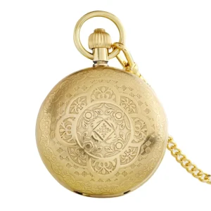 Pure Copper Japanese Quartz Movement Antique Gold Pocket Watch with Stainless Steel Strap