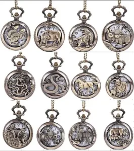 Quartz Bronze Animal Vintage Clock Necklace Chain Pendant Fob Animal Pocket Watches