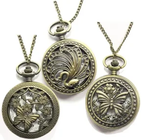 Quartz Bronze Vintage Clock Necklace Chain Pendant Retro Pocket Watches