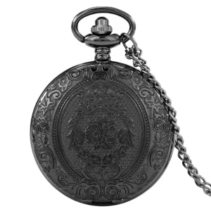 Quartz Engraved Black Vintage Clock Necklace Chain Pendant Fob Flower Pocket Watch