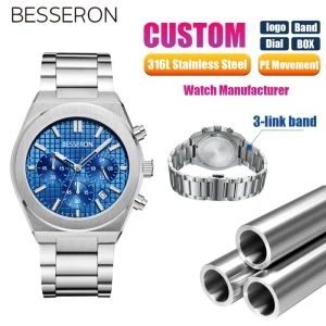 Quartz Fashion Business Chronograph Men’s 44mm Stainless Steel Glass Dial Water Resistant Watch