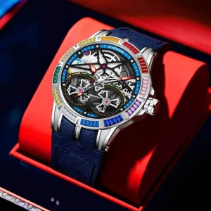 Quartz Skeleton Watch Rainbow Diamond Bezel Luminous 30M Water Resistant Sporty Men