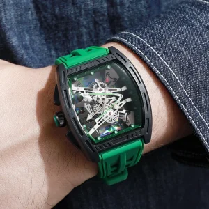 Quartz Tonneau Skeleton Men Watch with Silicone Strap Hollow Dial Wristwatch for Men Student Barrel-Shaped Rubber Band Watch