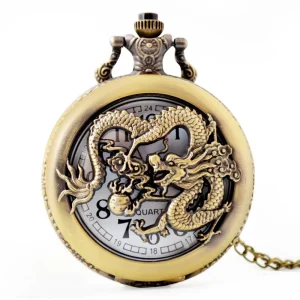 Quartz Vintage Bronze Dragon Skeleton Clock Necklace Chain Pendant Fob Pocket Watches