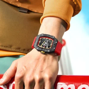 Quartz Watch 37.5mm Slim Tonneau Skeleton Dial Luminous Silicone Strap Wristwatch for Men