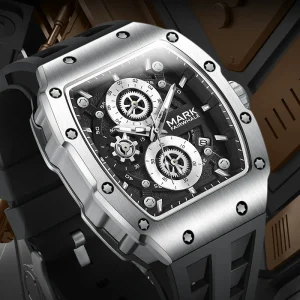Quartz Watch For Men Waterproof Stainless Steel Chronograph Rubber Strap Luminous Calendar Date Wristwatch