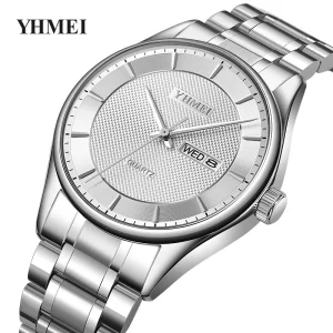 Quartz Watch With Silver Band Stainless Steel Band Calendar Date Men