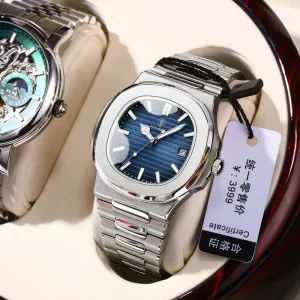 Quartz Watch for Men Waterproof Luminous Alloy Case Stainless Steel Band
