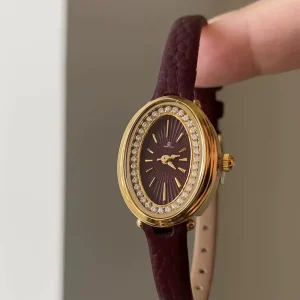 Quartz Women’s Watch Red Oval Camellia Element Genuine Leather Retro Fashion Crystal Alloy Limited Edition