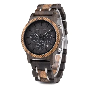 Quartz Wristwatch Fashion Natural Wood Stainless Steel Strap Luxury Sport Auto Date Pointer Dial Chronograph 5mm Case Unisex