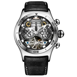 REEF TIGER RGA703 Mens Sport Automatic Skeleton Watch Leather Waterproof Tourbillon Watch with Date Day