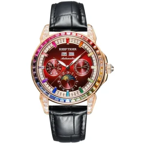 RGA1988 rose gold rainbow diamond bezel leather classic men’s multifunction moonphase automatic watch