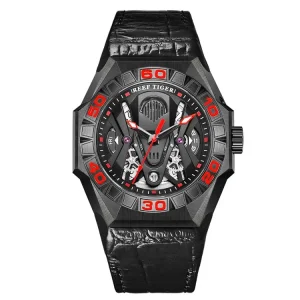 RGA6922 Limited Watch Men Automatic Mechanical All Black Blue Skeleton Waterproof Rubber Strap Relogio Masculino