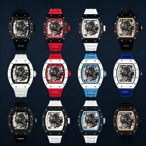 RM 055 Ceramic Carbon Fiber Titanium Skeleton Dial Double Tourbillon Mechanical Watch with Power Reserve Rubber Strap