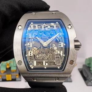 RM67 01 Style Tonneau Extra Flat Titanium Skeleton Automatic Watch Blue Sapphire Dial 7.8mm Ultra Thin Rubber Strap