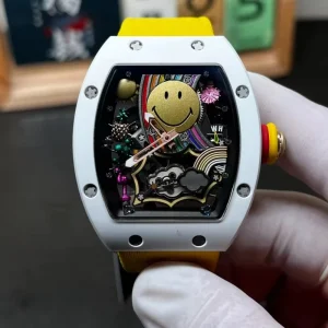 RM88 Smiling Face Tourbillon Men’s Mechanical Watch with Colorful Decorative Dial White Ceramic and Yellow Strap
