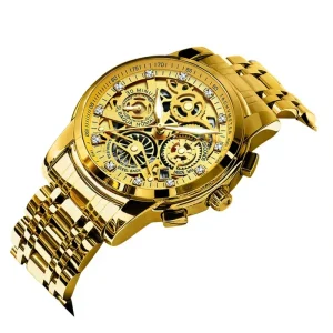 RZY068 Luxury Popular Hollow-Out Fashion Men’s Gold Quartz Watch Stainless Steel Waterproof Luminous 30M Water Resistant