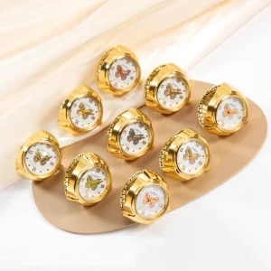 Real Gold Plated Band Watch Minimalist Watch Ring Quartz Movement Butterfly Dial Simple Round Finger Watch Rings