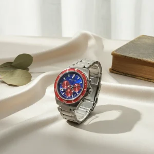 Red Bezel Blue Dial Chronograph Mens Watch Stainless Steel Sport Diver Multifunction Waterproof Quartz Wristwatch