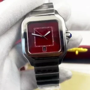 Red Mechanical Men’s Watch Ruby Red Sapphire Crystal Dial Trendy Square 38mm Stainless Steel Genuine Leather Strap 20m