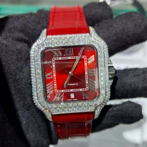 Red Square Iced Out VVS Moissanite Diamond Automatic Mechanical Stainless Steel Leather Mens Unique Custom Fashion Watch