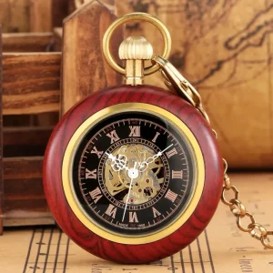 Red Wooden Open Face Mechanical Hand Wind Pocket Watch with Fob Chain, Roman Numerals Skeleton Steampunk Pendant for Men Gifts