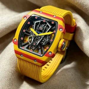 Red and Yellow Color Combination Ultra-light Carbon Fiber Hollowed-out Anti-shock Sports Men’s Mechanical Tourbillon Wristwatch