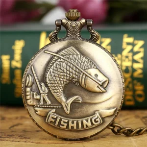 Retro Antique Fishing Fish Pocket Watch for Men and Women Analog Quartz Alloy Case 47mm Dial Pendant Necklace