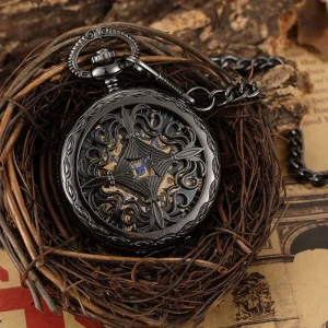 Retro Black Hollow Mechanical Self Winding Pocket Watch with Chain Roman Numeral Skeleton Dial Locket Watch for Luxury Gift