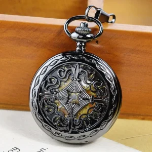 Retro Black Hollow Pattern Pocket Watch Gold Roman Numeral Skeleton Dial Mechanical Self Winding Automatic Antique Clock Pendant