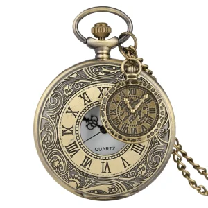 Retro Bronze Half Hunter Steampunk Pocket Watch Analog Quartz Fob Watch with Necklace Chain for Promotion Gift