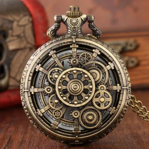 Retro Bronze Hollow Gear Steampunk Pocket Watch Vintage Locket Pendant Necklace Jewelry with Chain for Collectible Gift