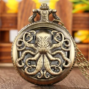 Retro Bronze Octopus Pattern Quartz Pocket Watch Necklace Vintage Steampunk Pendant Gift for Men and Boys