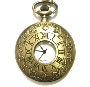 Retro Bronze Pocket Watch Vintage Arabic Numerals Quartz Steampunk Pendant Necklace Chain Clock