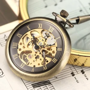 Retro Bronze Skeleton Mechanical Hand Winding Men’s Pocket Watch with Chain Roman Numerals Smooth Steel Unisex