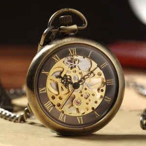 Retro Bronze Skeleton Mechanical Hand winding Mens Pocket Watch FOB Chain Roman Numbers Smooth Steel Women Unisex Pocket Watch