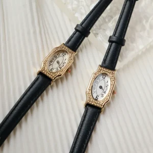 Retro Carved Square Artistic Simple Elegant Women’s Quartz Analog Waterproof 30M Water Resistant Small Golden Watch