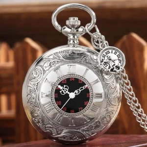 Retro Classic Style Silver Pocket Watch with Necklace Chain Roman Numerals Analog Quartz Locket Watch Full Hunter Steampunk