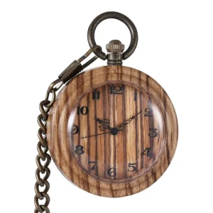 Retro Creative Thick Chain Men and Women Quartz Wood Large Pocket Watch